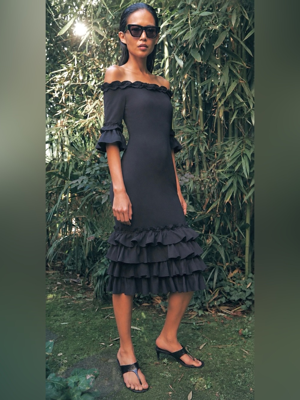 NWOT Donna Mizani Revolve Off Shoulder Stretch Midi Dress Black Ruffle Hem XS